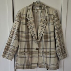 Vintage Wool Blend Cream and Brown Plaid Blazer Oversized XL 18/20 Shoulder Pads